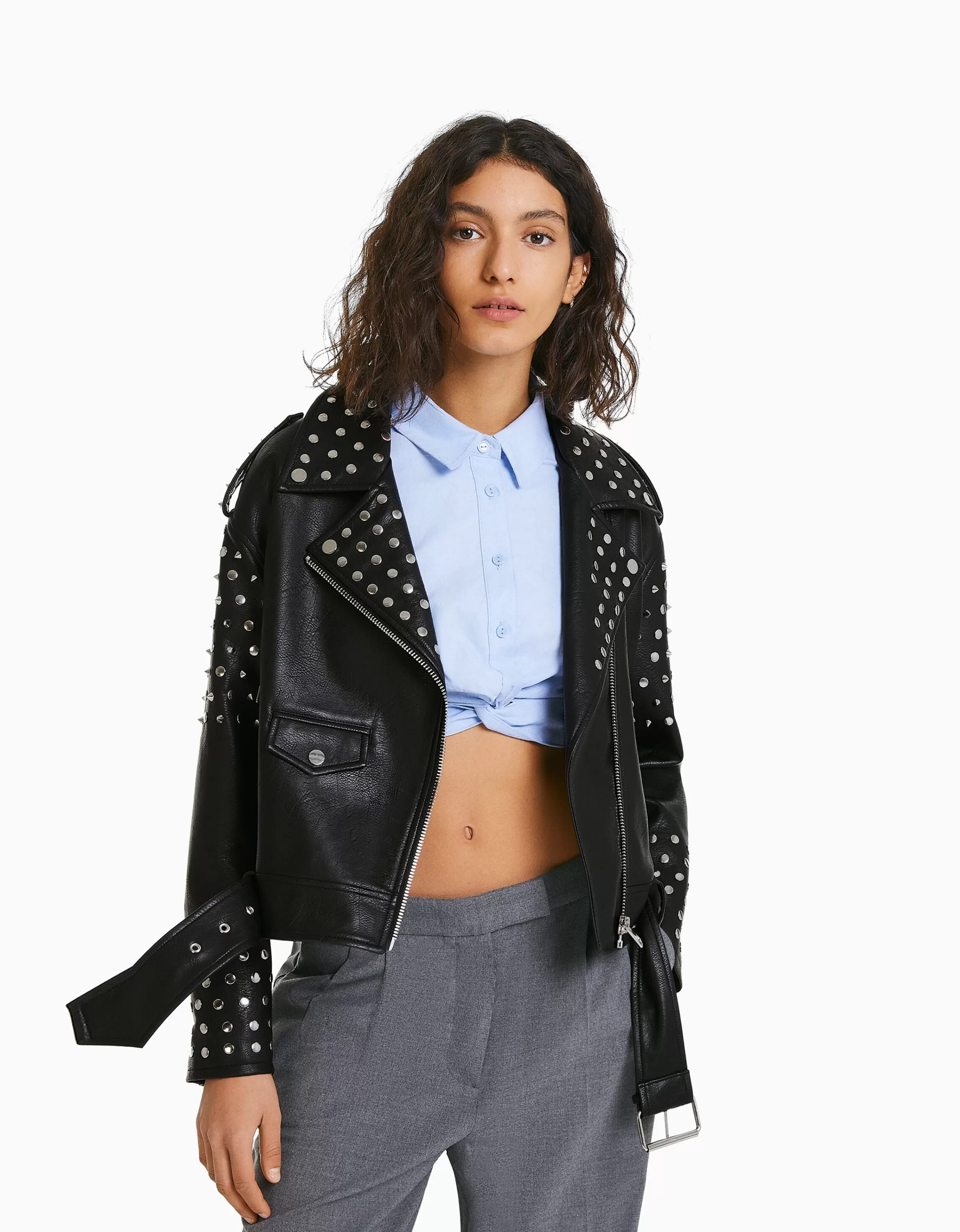 BERSHKA Vestes*Blouson biker similicuir oversize clouté Noir