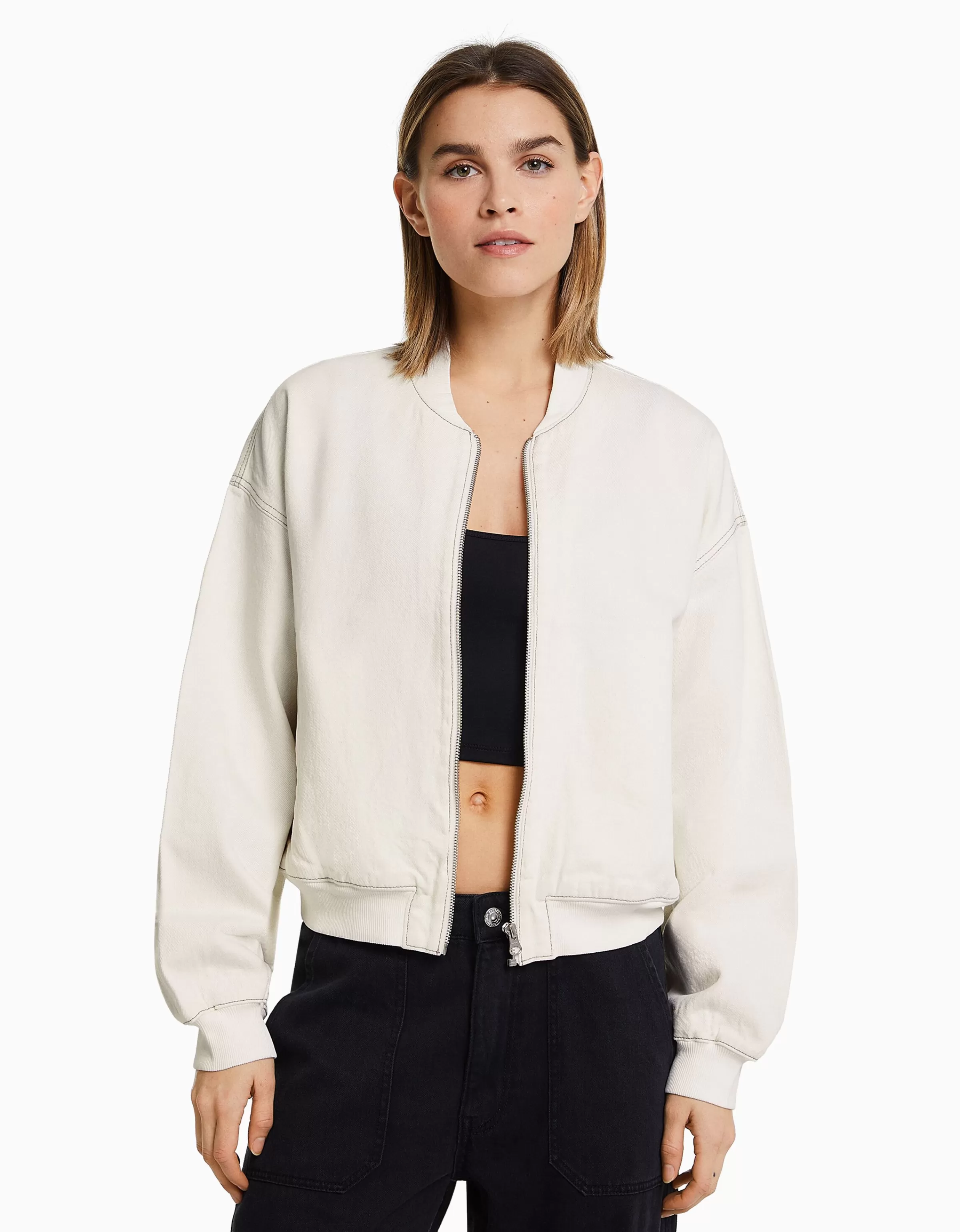 BERSHKA Vestes*Blouson bomber denim fil contraste Blanc cassé