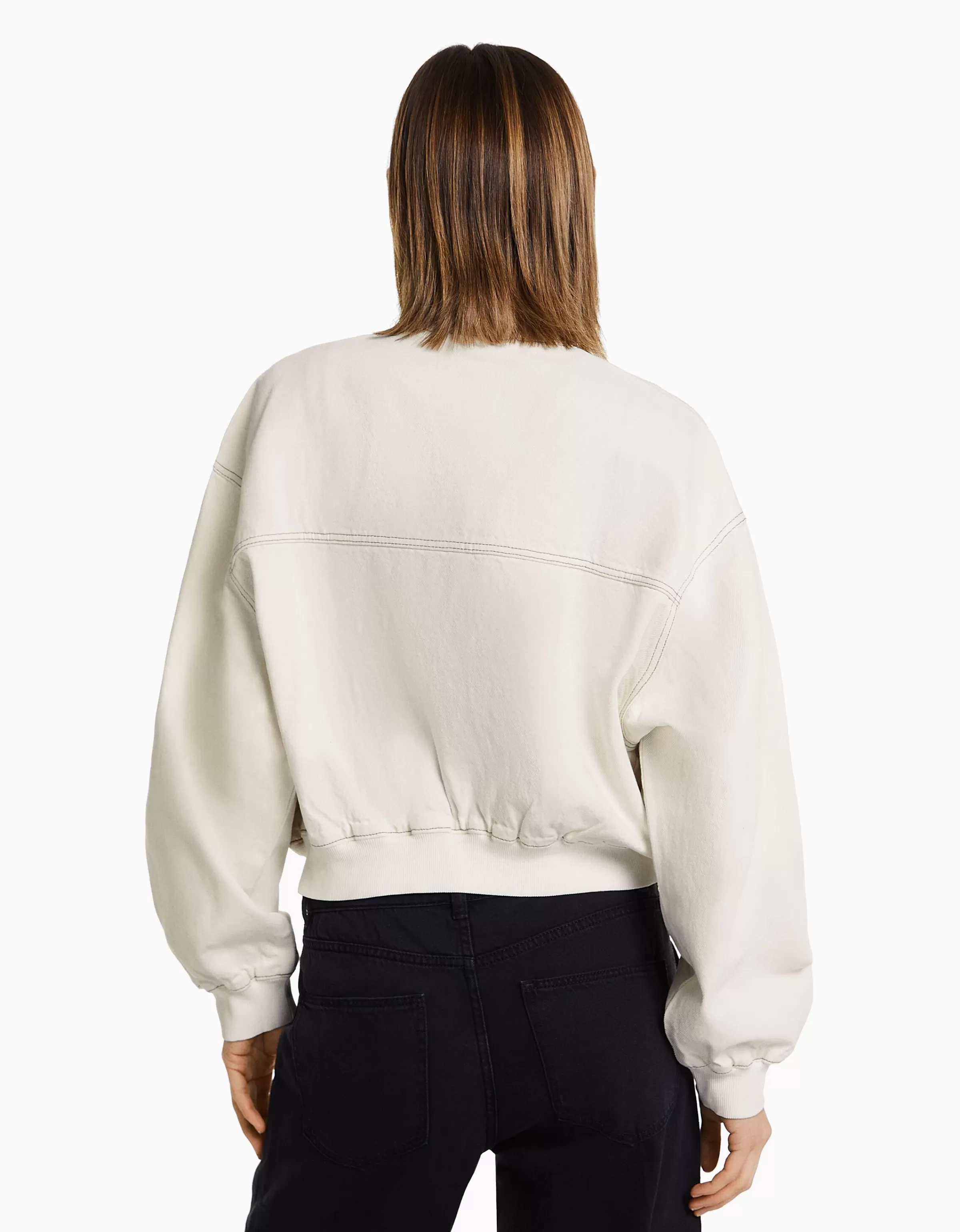 BERSHKA Vestes*Blouson bomber denim fil contraste Blanc cassé
