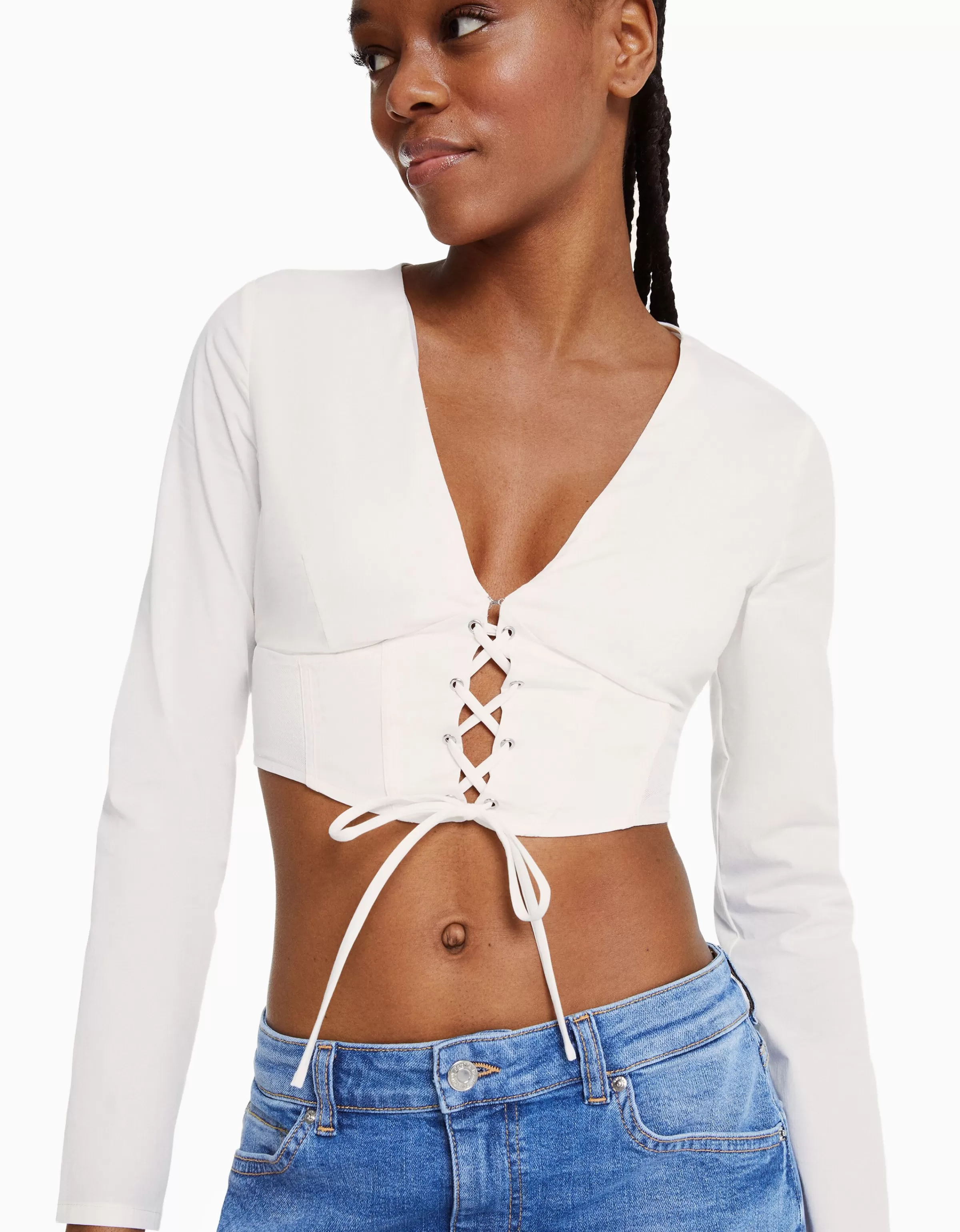 BERSHKA Chemises et blouses*Chemise corset moulante manches longues popeline laçage Blanc