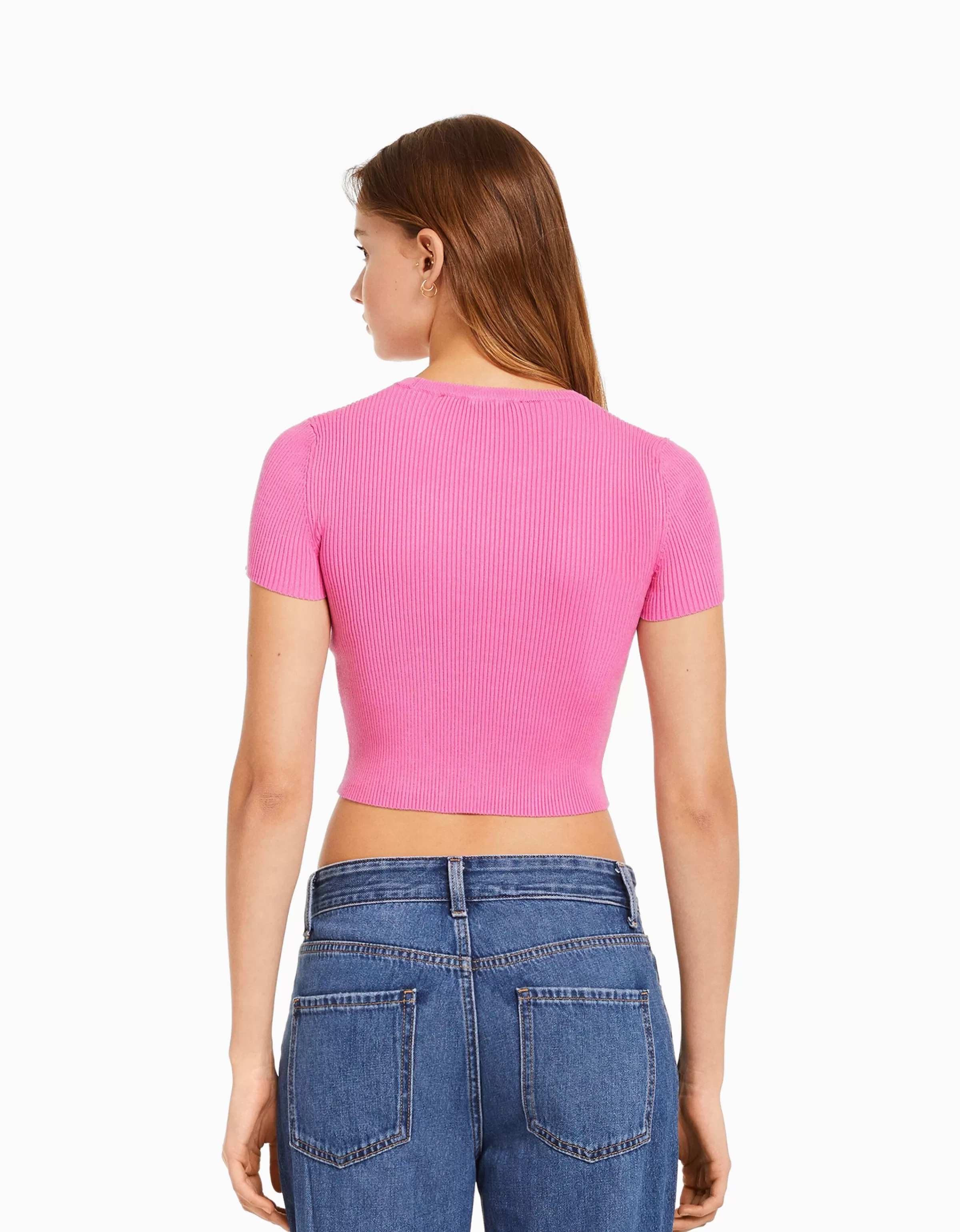 BERSHKA Tee-shirts*Pull manches courtes bord-côte Écru